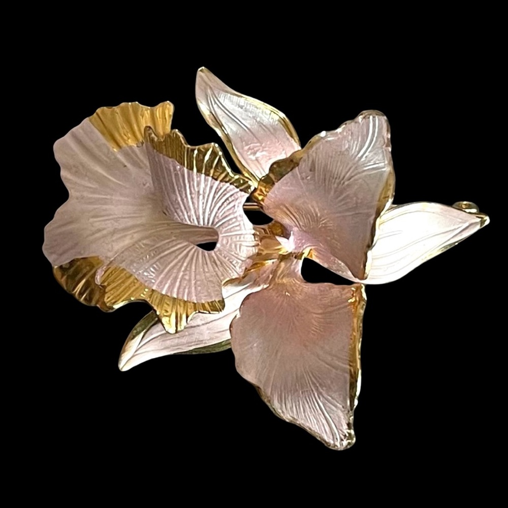 Vintage Signed Cerrito 1982 Pink Orchid Brooch Pink Pearl Enamel And Goldtone